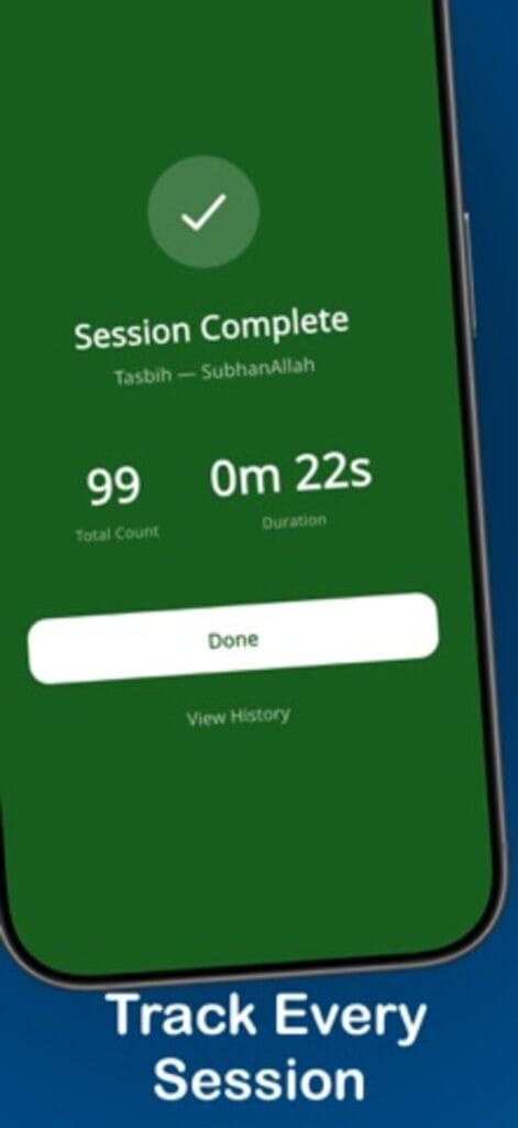 Numina Pray session complete screen on iPhone, with a total count of 99 in 22 seconds