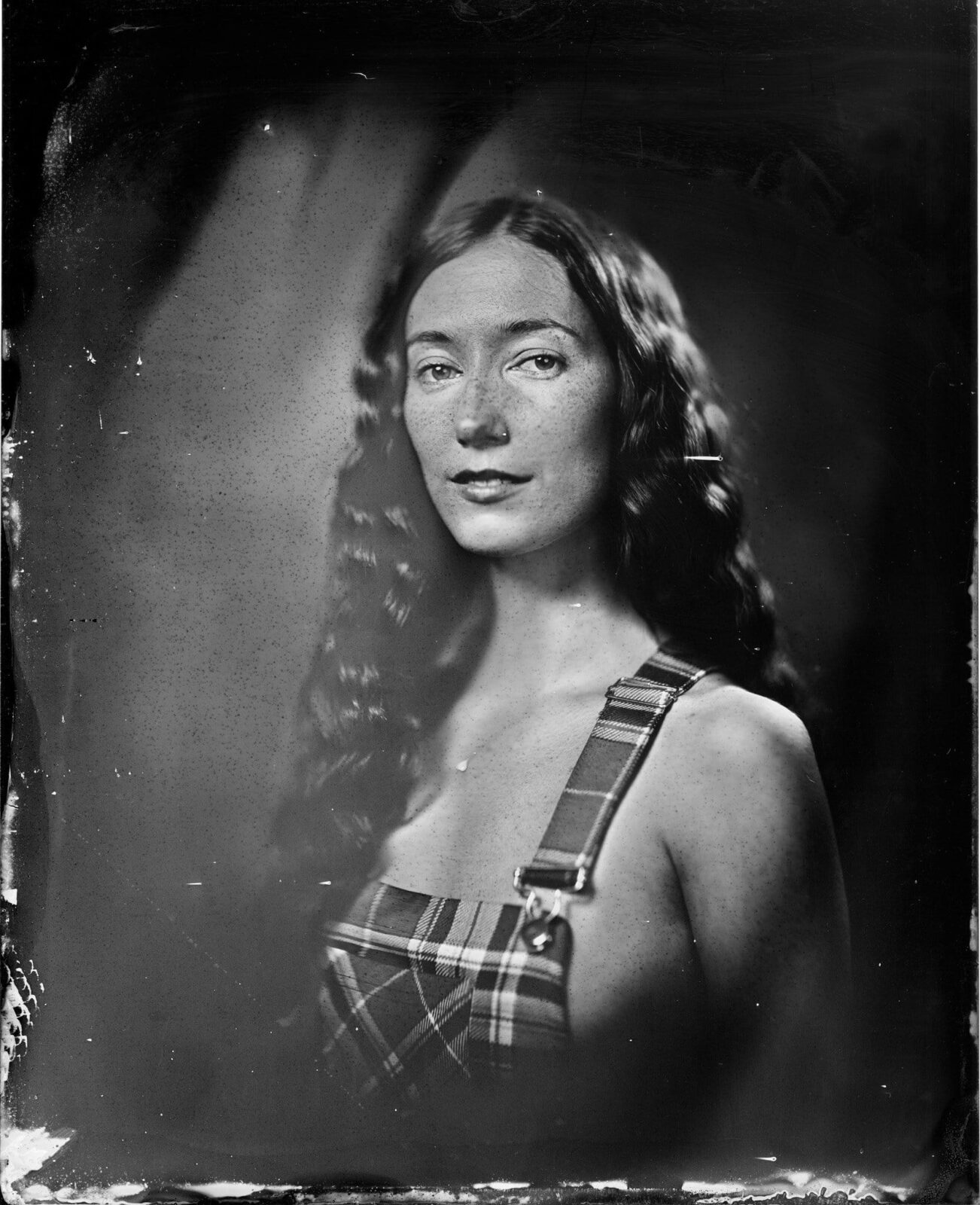 Wet plate collodion portrait of a woman in striped clothing, 8x10 tintype made in Toronto studio
