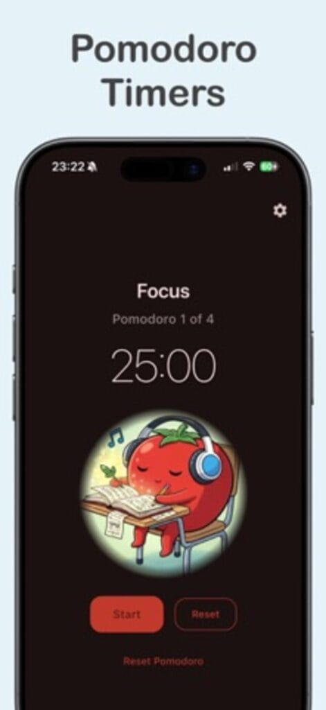 PomoTimer on iPhone running a 25 minute focus session, showing pomodoro 1 of 4