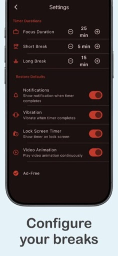 PomoTimer settings on iPhone, setting focus duration, short break and long break, with notification and lock screen timer toggles