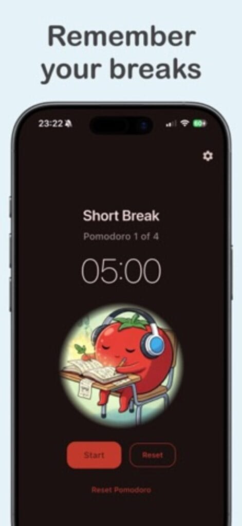 PomoTimer on iPhone counting down a five minute short break
