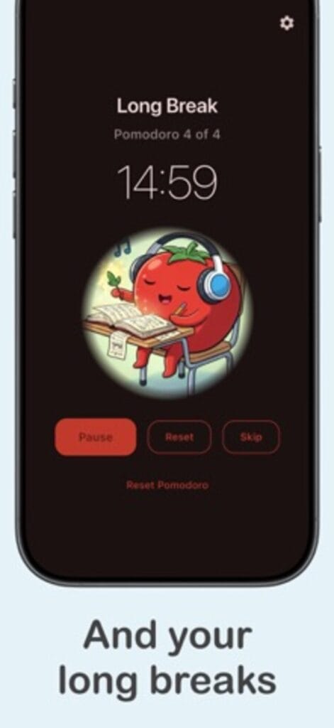 PomoTimer on iPhone during a 15 minute long break, with pause, reset and skip controls
