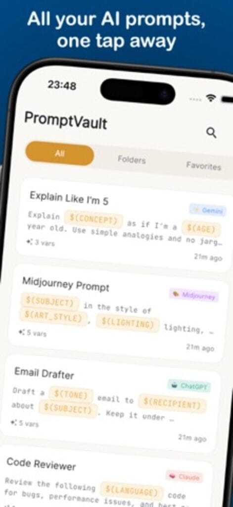 PromptVault on iPhone listing saved AI prompts including Explain Like I'm 5, a Midjourney prompt, an email drafter and a code reviewer