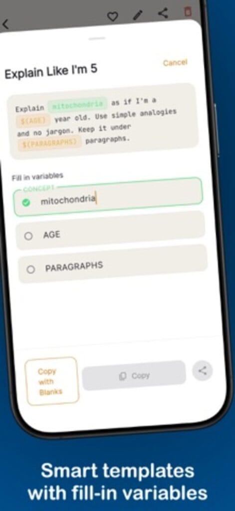 PromptVault on iPhone filling in template variables for a prompt, with concept, age and paragraphs fields