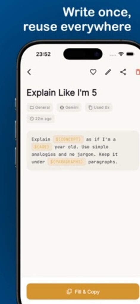 PromptVault prompt detail on iPhone, showing an Explain Like I'm 5 template with a fill and copy button