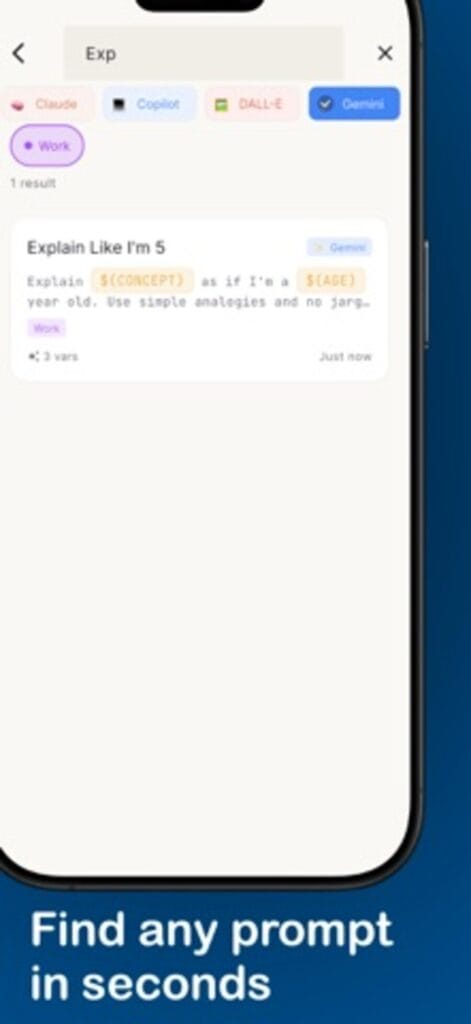 PromptVault search on iPhone, filtering prompts by model tags for Claude, Copilot, DALL-E and Gemini
