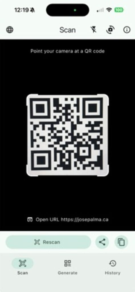 QR Code Scan and Generate on iPhone scanning a code and offering to open the decoded URL