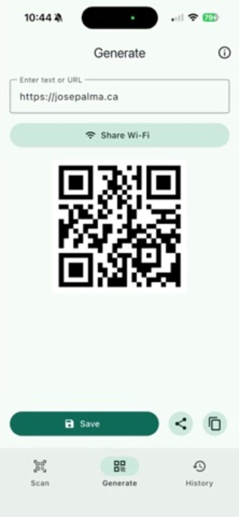 QR Code Scan and Generate on iPhone creating a QR code from a URL, with save and share buttons