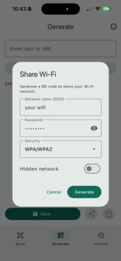 QR Code Scan and Generate on iPhone generating a Wi-Fi QR code from a network name, password and WPA security setting