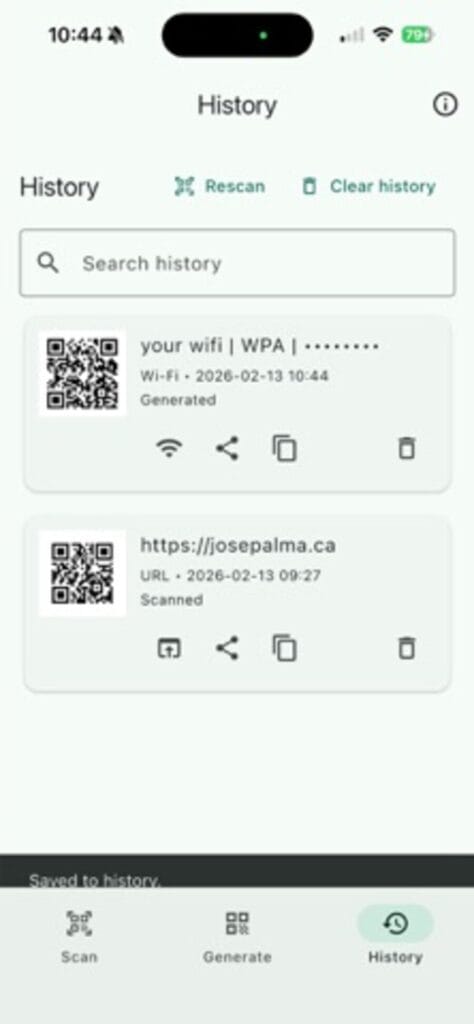 QR Code Scan and Generate history on iPhone, listing generated and scanned codes with share, copy and delete actions