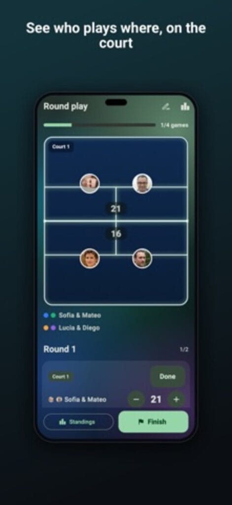 Rally Club round play on iPhone, showing a doubles court with player positions and a live score of 21 to 16