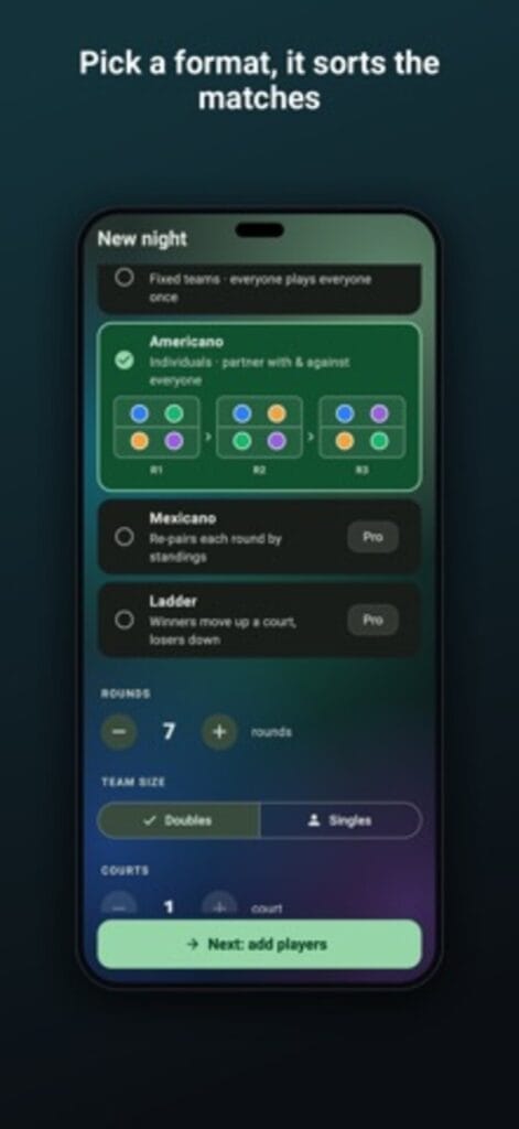 Rally Club new night setup on iPhone, choosing between fixed teams, Americano, Mexicano and ladder formats