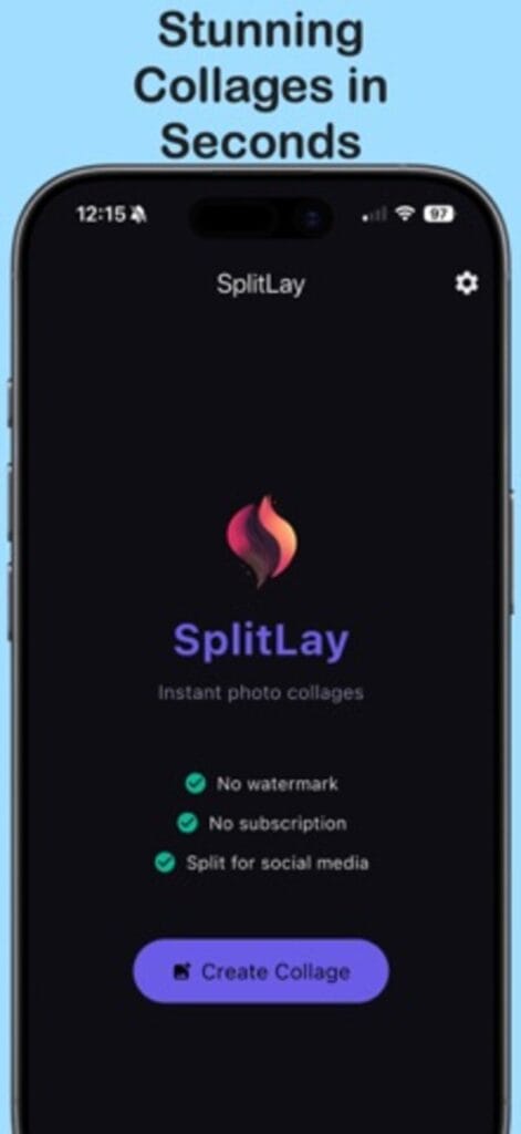 SplitLay home screen on iPhone, advertising no watermark, no subscription and splitting for social media