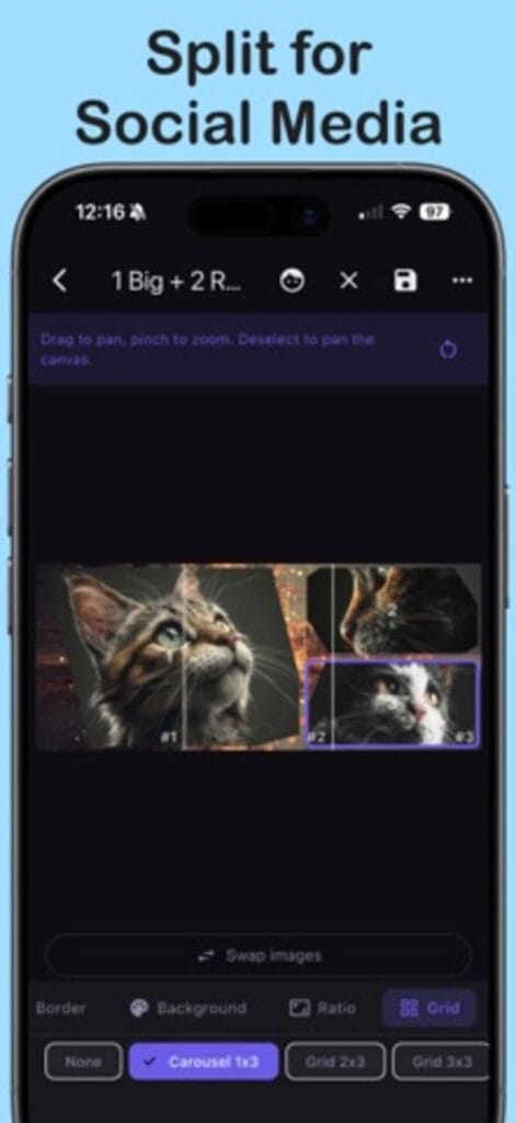 SplitLay on iPhone splitting a collage into a 1x3 carousel for social media posting