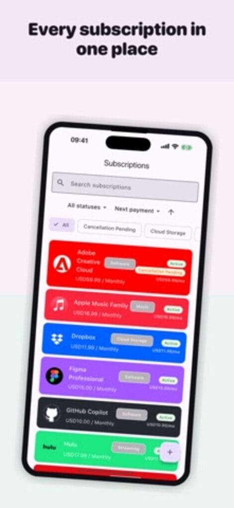 Online Subscription Tracker on iPhone listing Adobe Creative Cloud, Apple Music, Dropbox, Figma, GitHub Copilot and Hulu with monthly costs