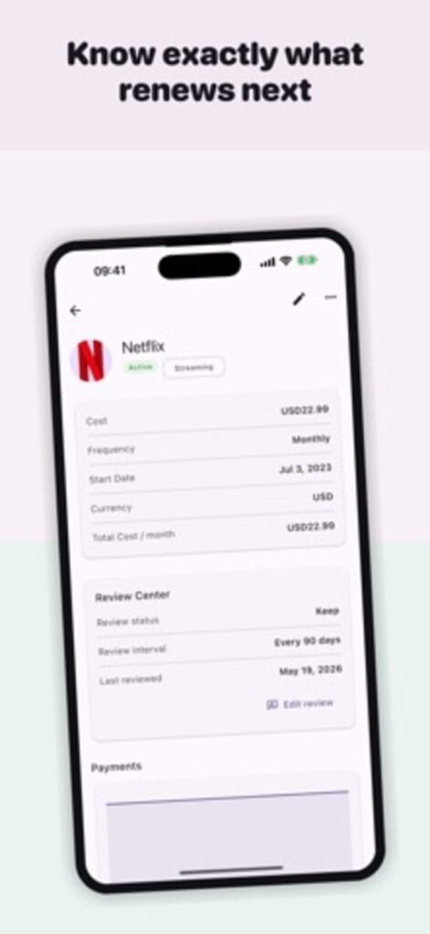 Online Subscription Tracker on iPhone showing a Netflix subscription at $22.99 monthly with its start date and review schedule