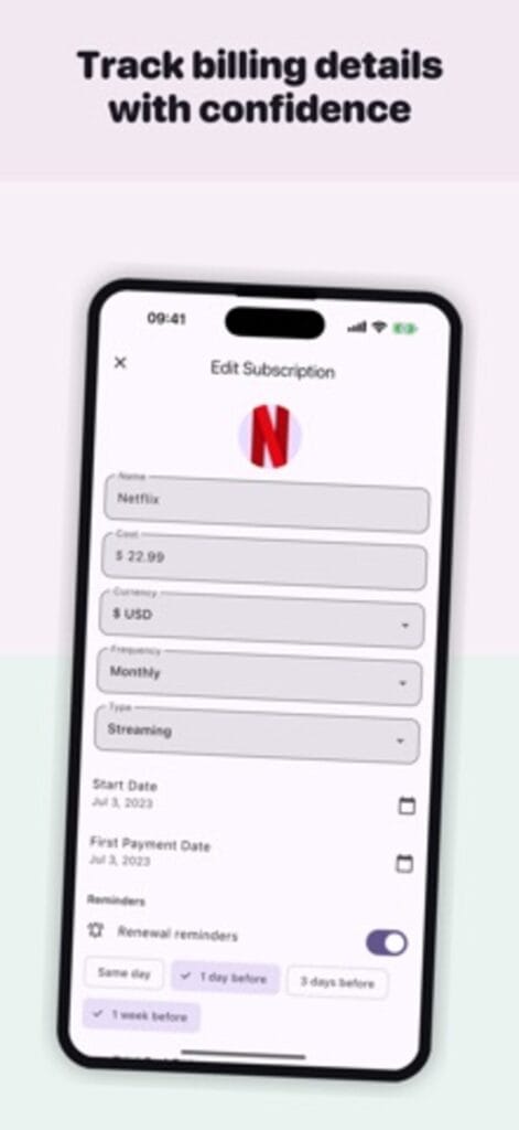 Online Subscription Tracker edit screen on iPhone, setting cost, currency, frequency and renewal reminders