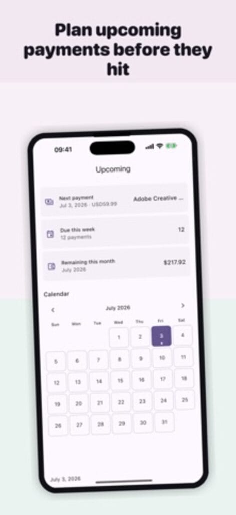 Online Subscription Tracker upcoming payments on iPhone, with the next payment, twelve due this week and a July calendar