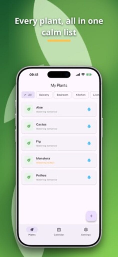 Terracotta on iPhone listing plants including Aloe, Cactus, Fig, Monstera and Pothos with their next watering day