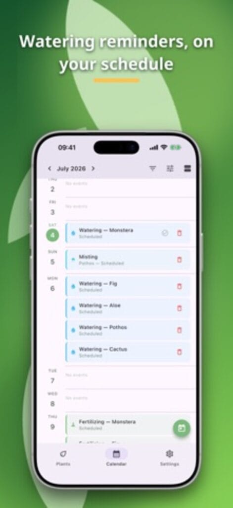 Terracotta watering calendar on iPhone for July, with scheduled watering, misting and fertilising events