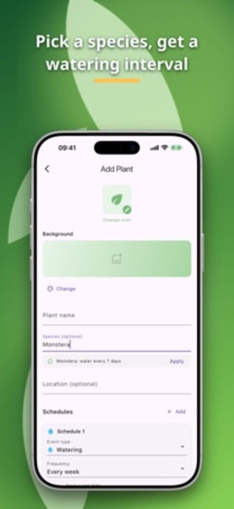 Terracotta add plant screen on iPhone, suggesting a watering interval of every seven days for a Monstera