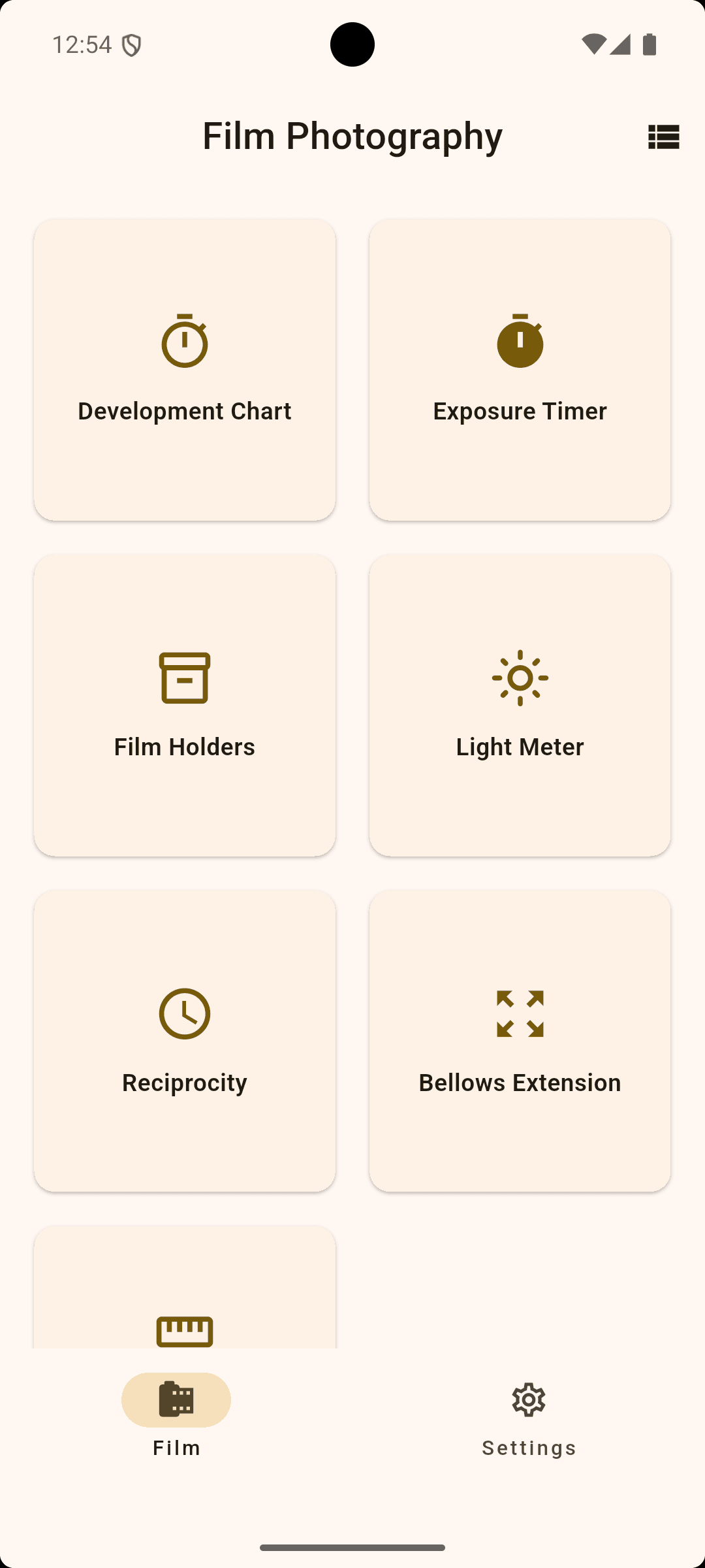 Mobile app interface for film photography settings including options for Development Chart, Exposure Timer, Film Holders, Light Meter, Reciprocity, and Bellows Extension, with navigation icons for film and settings at the bottom.