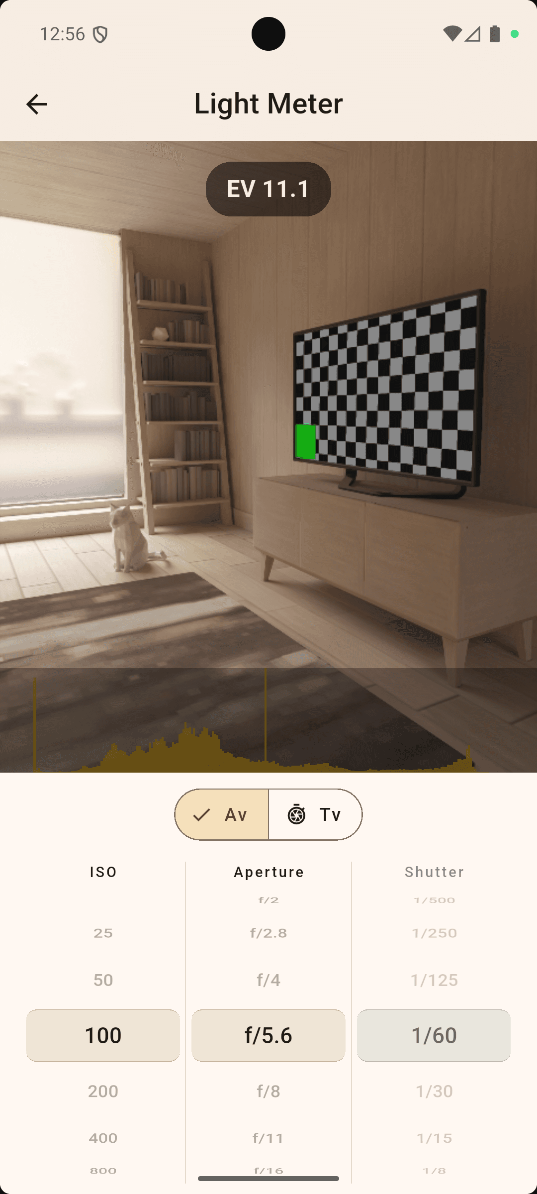 A living room with a cat sitting on the wooden floor near a bookshelf and a window with blinds. There is a television on a wooden cabinet displaying a checkered pattern with a green block in the corner. The room has a light-colored wood interior, and a dark-colored rug partially covers the floor.