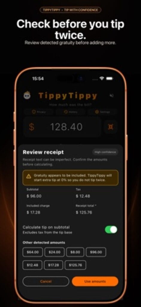 TippyTippy on iPhone reviewing a scanned receipt, warning that gratuity appears to be included and listing the subtotal, tax and total