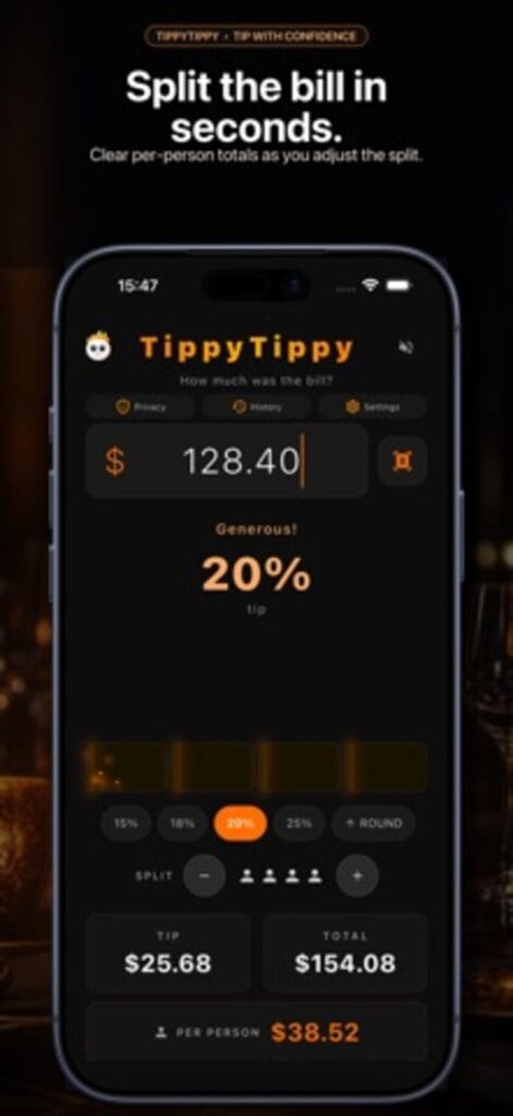 TippyTippy on iPhone with a 20 percent tip on a $128.40 bill, split four ways at $38.52 per person