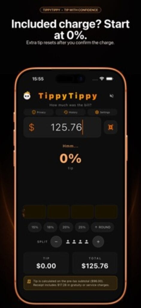 TippyTippy on iPhone set to a 0 percent tip because the receipt already includes a service charge