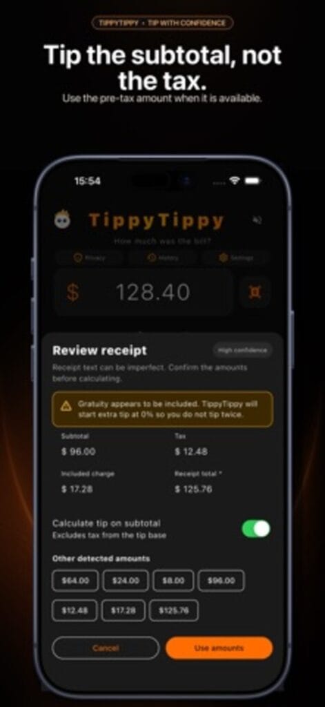 TippyTippy on iPhone with calculate tip on subtotal enabled, excluding tax from the tip base
