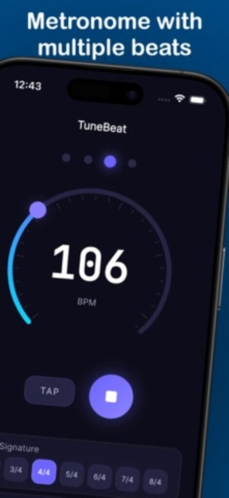 TuneBeat metronome on iPhone set to 106 BPM with a tap tempo button and time signature options