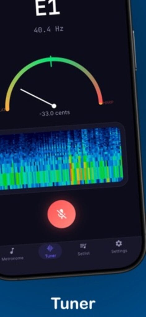 TuneBeat tuner on iPhone showing an E1 note at 40.4 hertz with a needle gauge and a live spectrogram