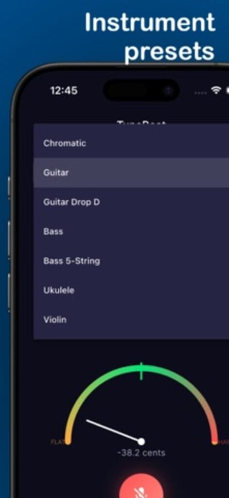 TuneBeat instrument presets on iPhone, including chromatic, guitar, guitar drop D, bass, ukulele and violin