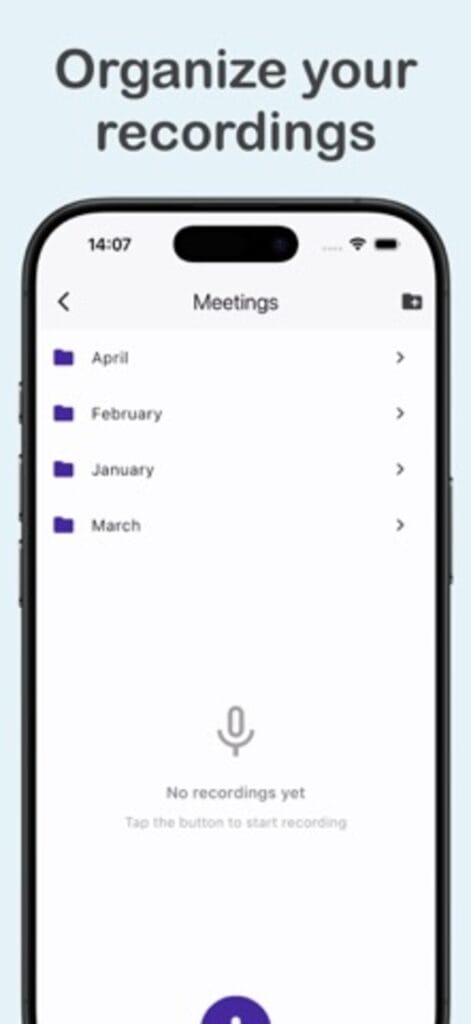 Your Voice Recorder on iPhone showing recordings organised into month folders inside a Meetings folder