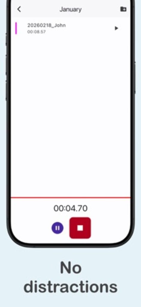 Your Voice Recorder on iPhone recording audio, with a running timer and pause and stop controls