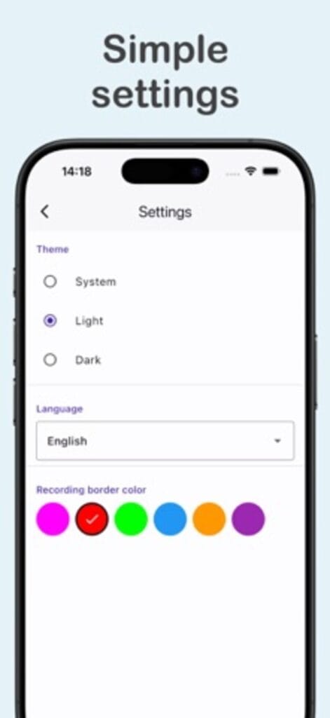 Your Voice Recorder settings on iPhone, with system, light and dark themes, language and recording border colour