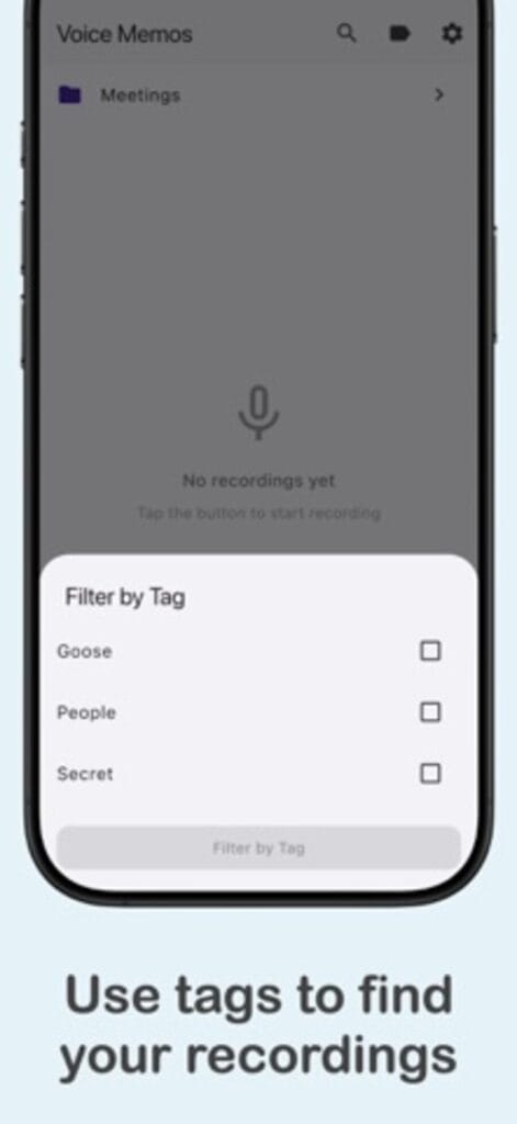 Your Voice Recorder on iPhone filtering recordings by tag, with Goose, People and Secret tags listed