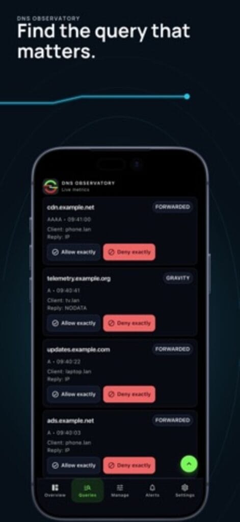DNS Observatory query log on iPhone, listing forwarded and blocked domains with allow and deny actions on each