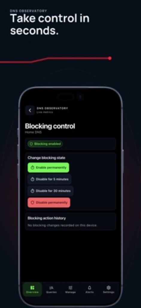 DNS Observatory blocking control on iPhone, with options to disable blocking for five minutes, thirty minutes or permanently